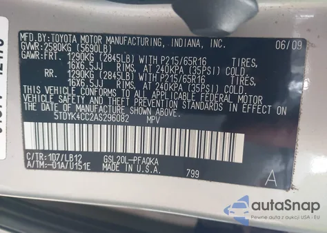 2010 Toyota Sienna Xle from USA, damaged, VIN 5TDYK4CC2AS296082